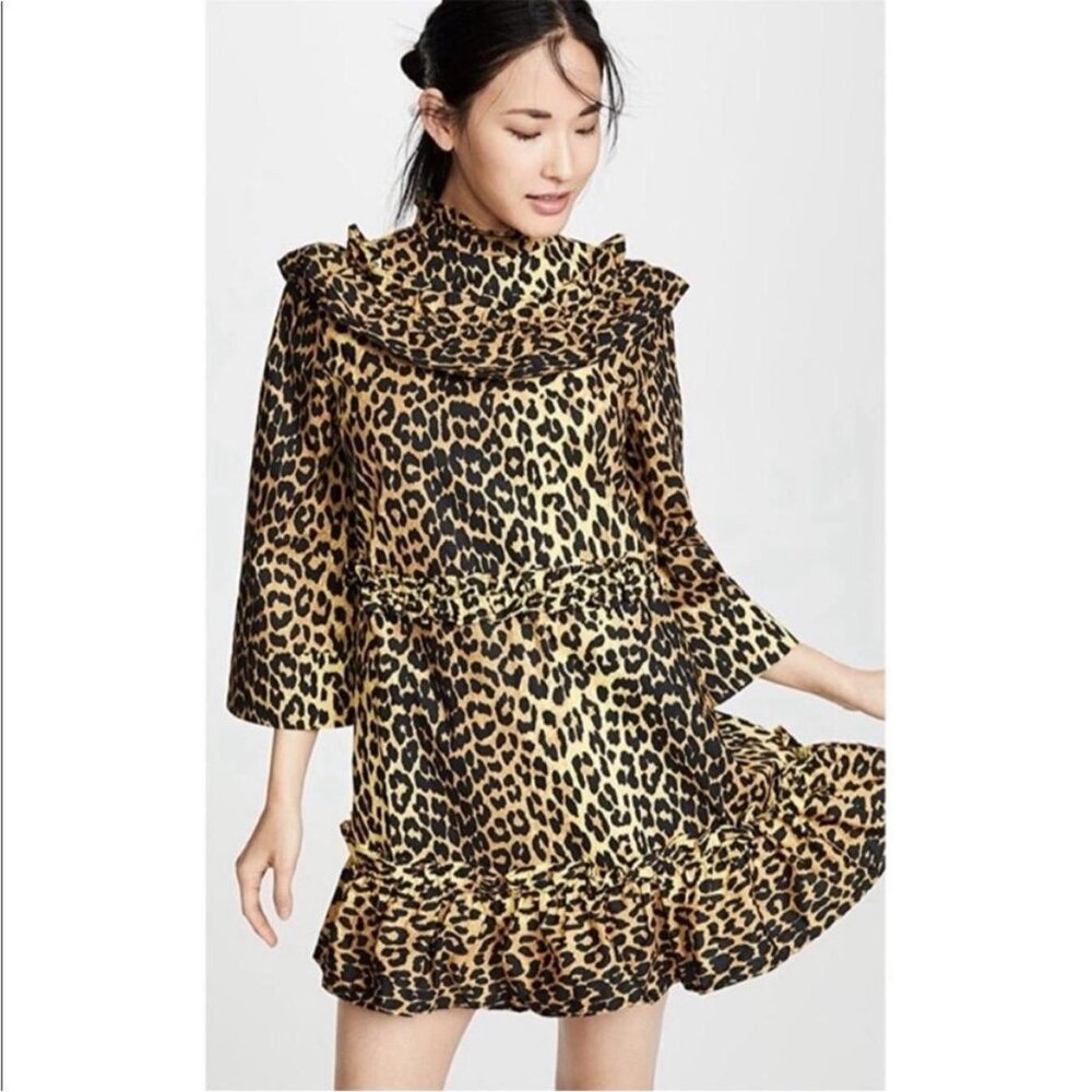 Women's Ganni Leopard Animal Print Cotton Mini Dress Size 40 L